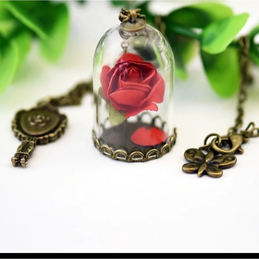 Red Rose Glass Dome Pendant Necklace - Women Jewelry